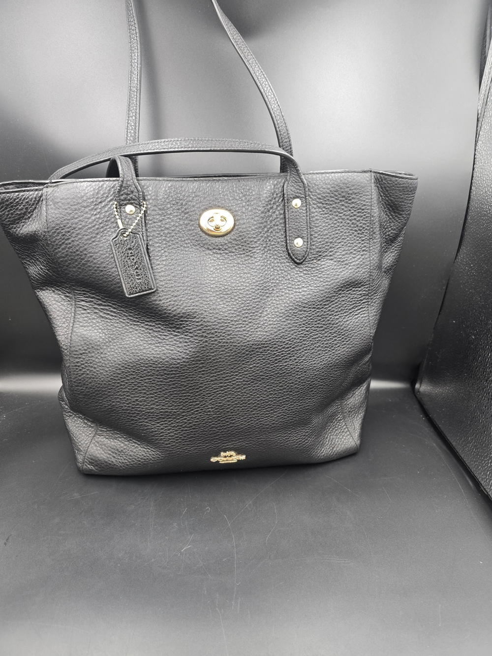 Coach Black Pebbled Leather Tote Bag with Turnlock